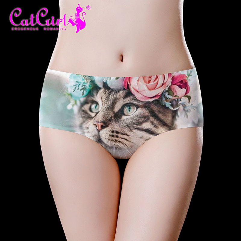 catgirl Japanese Ice Silk Traceless Printed Women's Underwear Mid-Waist Cute Sweet Girl's Briefs Breathable Naked