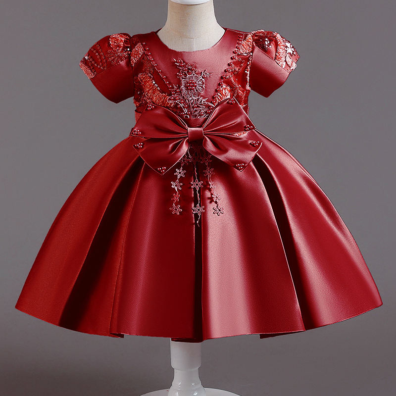 Picture of Cross-border new children's dress Princess dress satin beaded bow dress flower girl birthday party costume