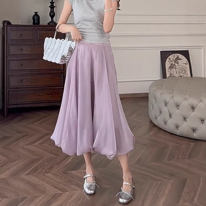French Style Purple Flower Bud A- Line Skirt Women's Summer 2025 New Style Lantern Skirt Pleated Japanese Style Midi Skirt