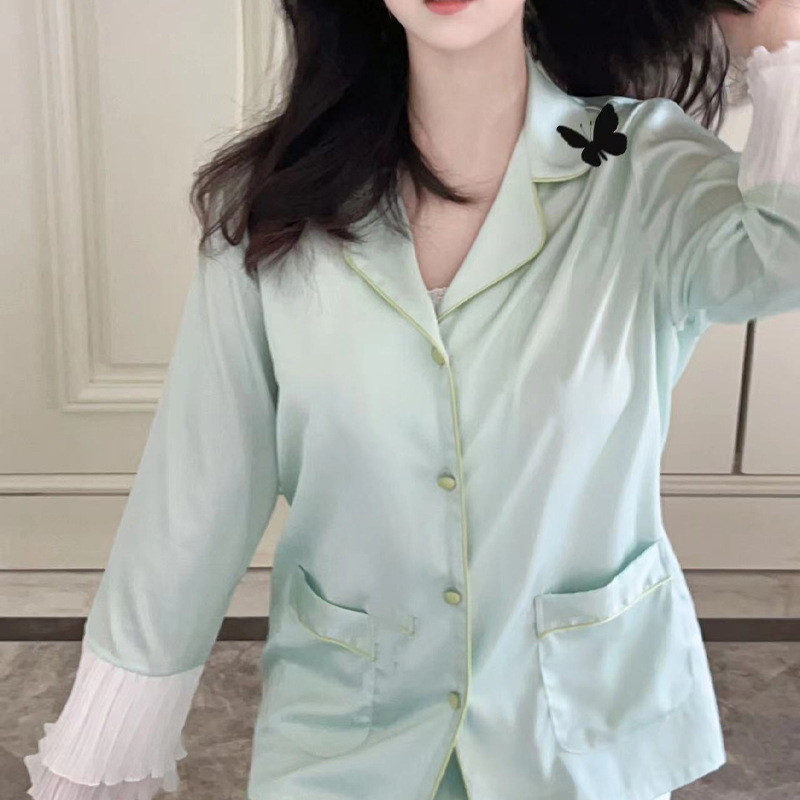 Pajamas Women's Spring and Autumn New Long-sleeved Home High-end Sense Milk Tea Green Sweet Printed Home Clothes for Women