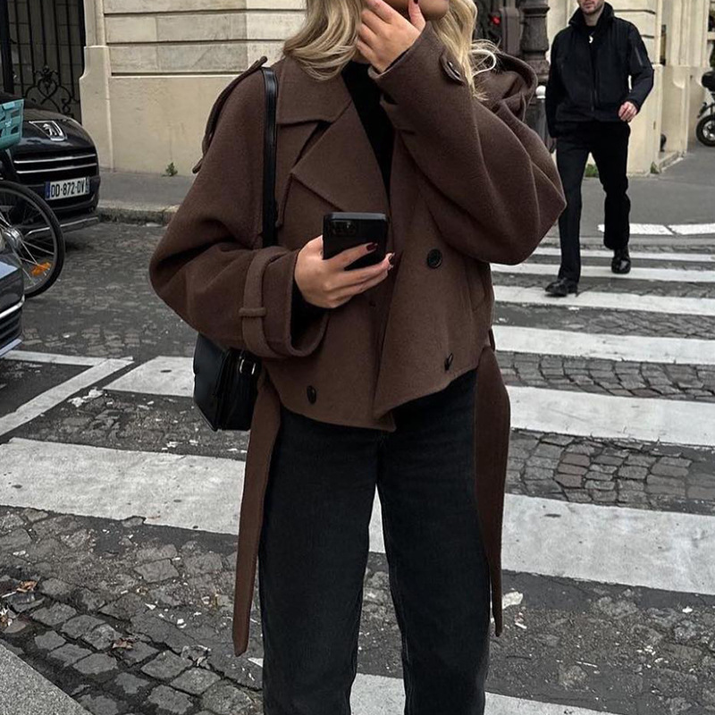 European and American Cross-Border 2025 Autumn and Winter Women's Woolen Outwear Personalized Street Suit Collar Lace-Up Long-Sleeved Jacket for Women