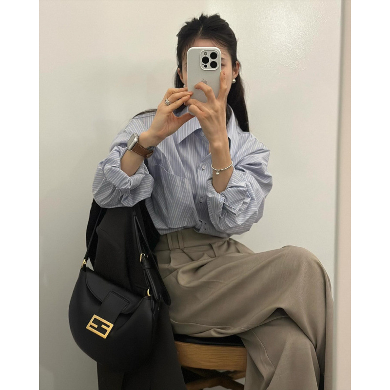 Spring and Autumn New Design Striped Shirt Autumn Korean Style Loose Slim Women's Shirt Lazy Style Casual Top