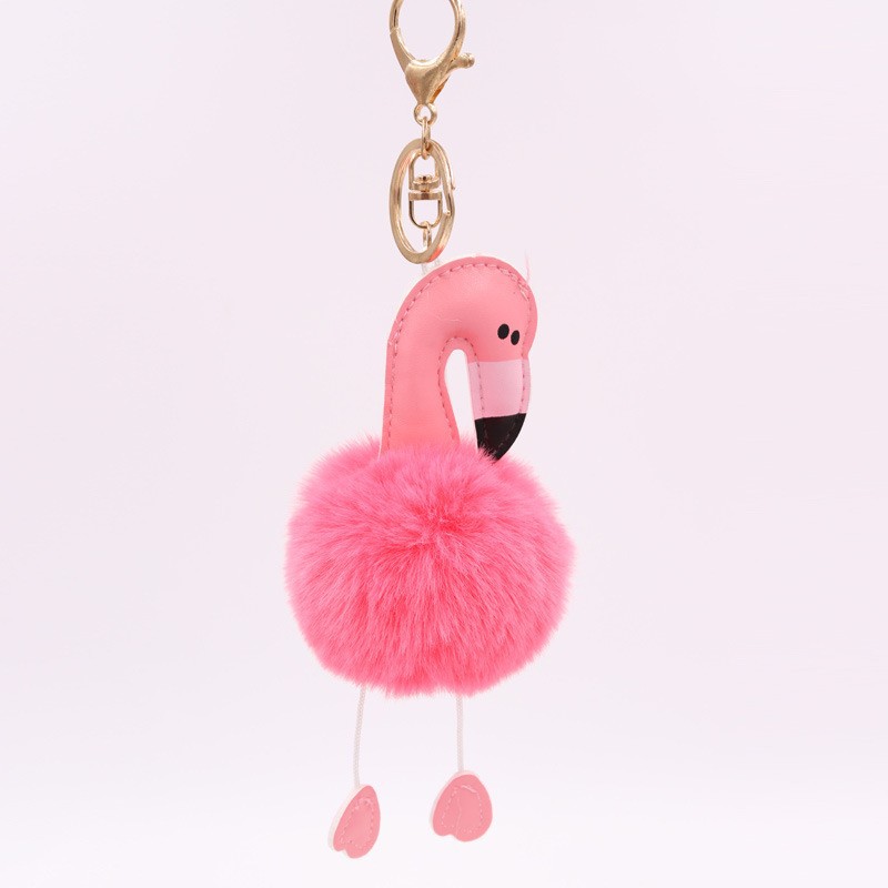 Creative PU Flamingo fur ball key chain pendant ladies fur bag pendant car key chain wholesale