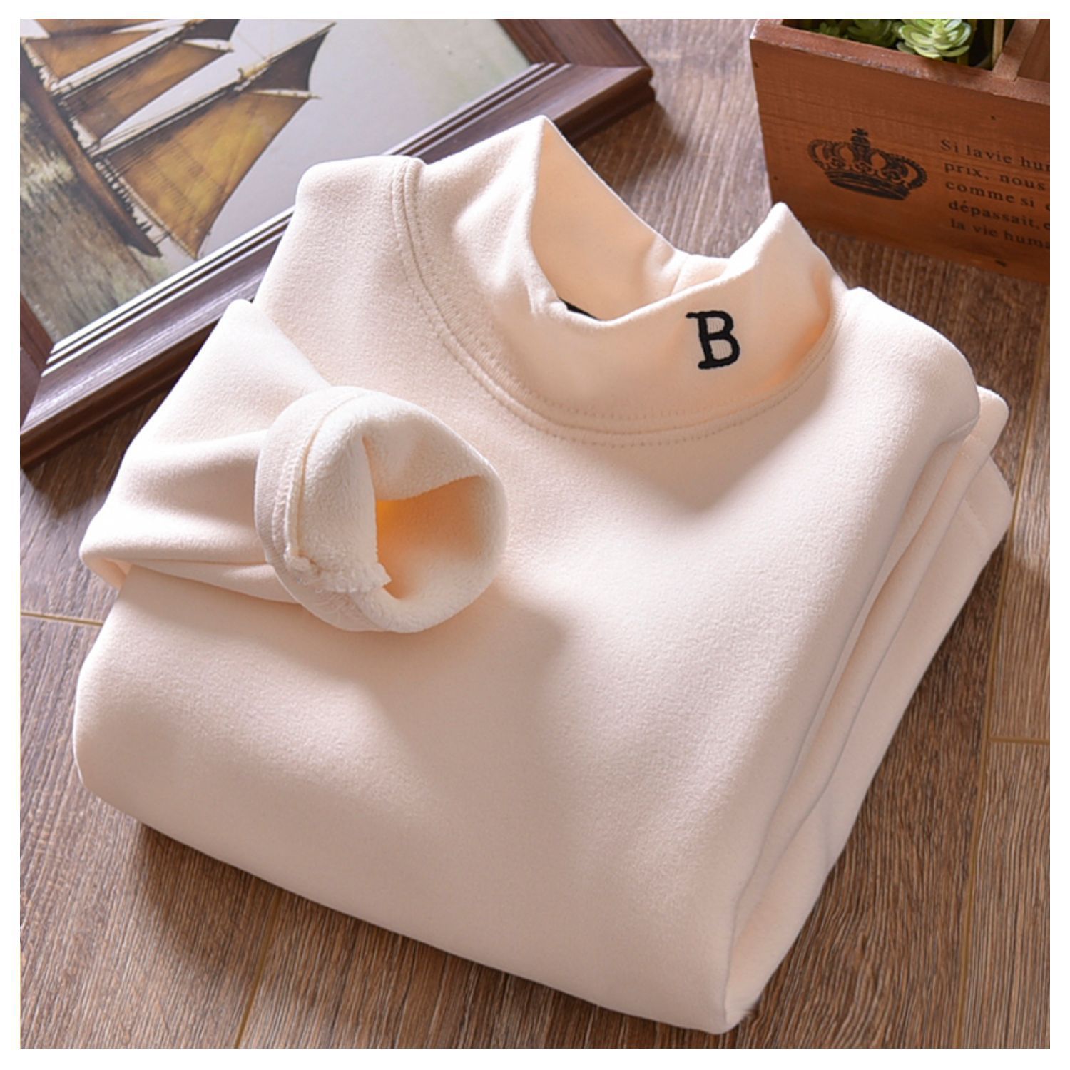 Picture of Boy's velvet autumn and winter half turtleneck warm clothes winter fleece-lined thickened medium and large children's solid color bottoming shirt boy