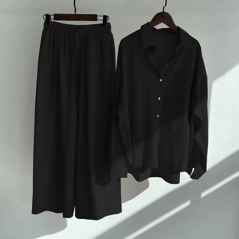 Picture of Cross-border Amazon Women's 2-piece Vintage Plus Size 2022 Cotton and Linen Shirt suit High Waist Loose Trousers