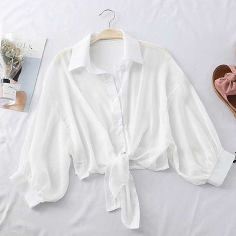 Spring and Summer White Sunscreen Chiffon Shirt 2023 New Women's Wear Lace-up Waisted Slim-fit Slim-fit Chiffon Shawl