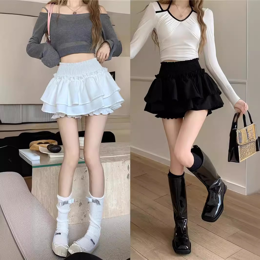 Wind-proof Pleated Skirt Summer Women's Black Ballet A- line Skirt High Waist Slimming Short Pants Skirt Cake Skirt