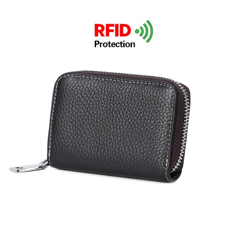 Picture of Zipper card holder unisex first layer cowhide rfid anti-theft brush magnetic leather female card holder