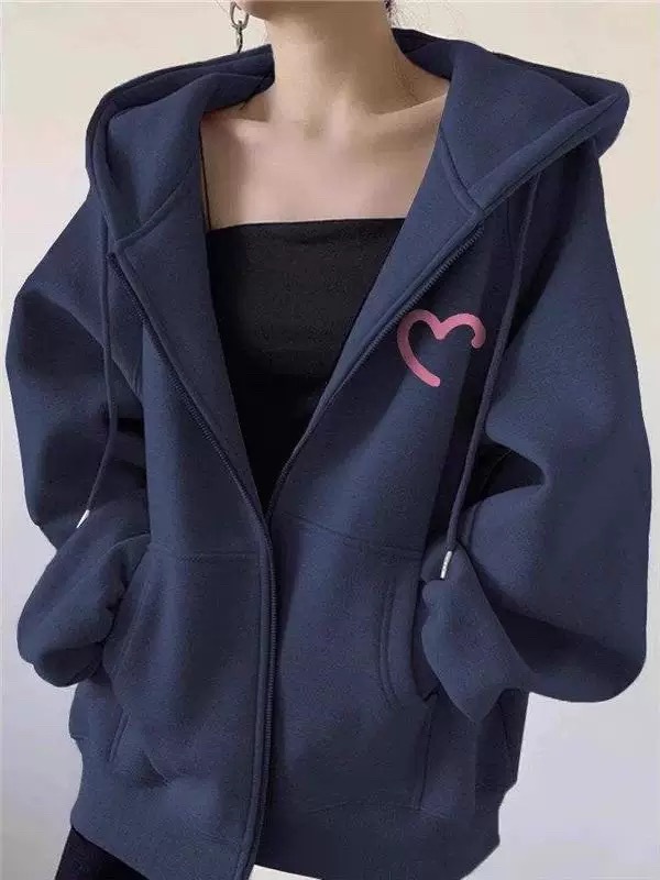 Picture of Design Sense Semi-Love Printed Cardigan Sweater Women's oversize Simple Hooded Casual Loose Coat Autumn and Winter