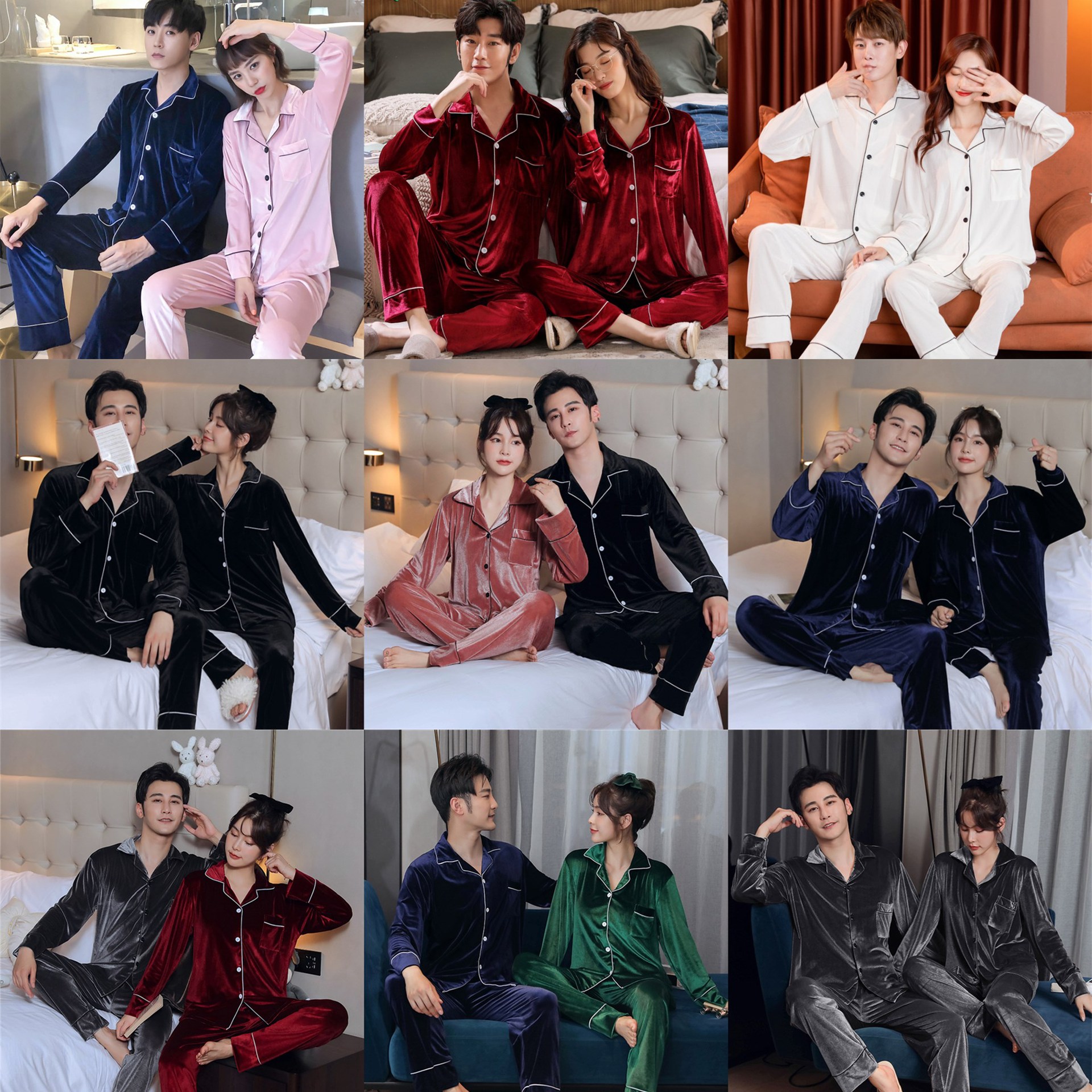 Korean style autumn and winter gold velvet couple pajamas men and women lapel simple solid color cardigan warm home wear suit