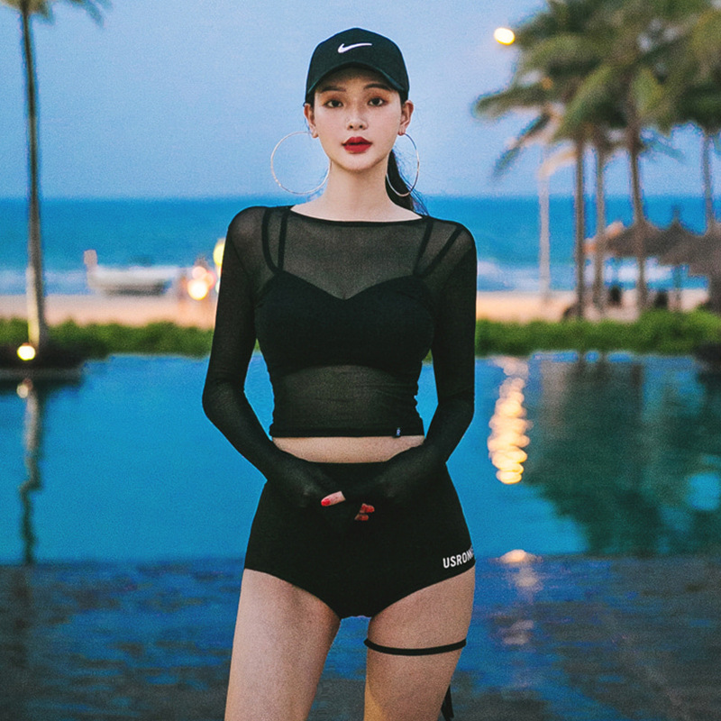 Korean-style New Split Swimsuit Long-sleeved Sunscreen Conservative High Waist Flat-angle Slimming Korean-style Sports Belly-covered Swimsuit for Women