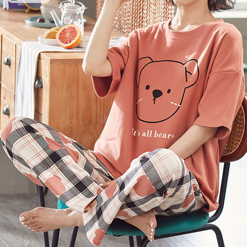Pajamas Women's Short-sleeved Korean Style Student Summer Cute Trousers Thin Cartoon Casual Loose plus size Home Clothes suit