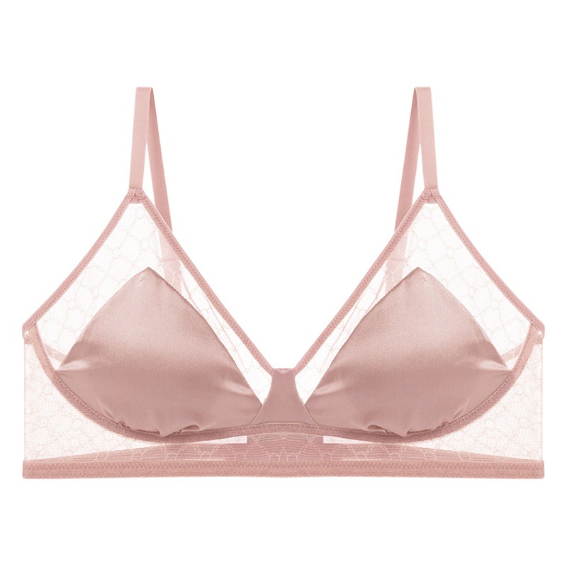 Tangge Spring and Summer Light Luxury French Triangle Cup Silk Glosse Bra Ultra-thin Small Chest Satin Mulberry Silk Underwear