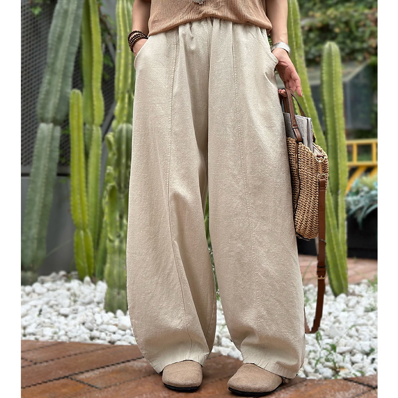 2024 Autumn New Ethnic Style Solid Color Cotton and Linen Hallen Pants Women's Loose Retro Staggedness Wide Leg Pants