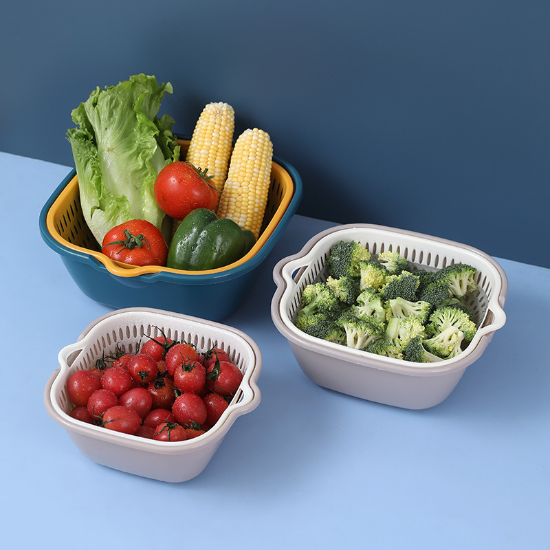 Double Layer Vegetable Washing Basket Household Kitchen Plastic Draining Basket Thickened Vegetable Washing Basin Printable LOGO Living Room Fruit Plate