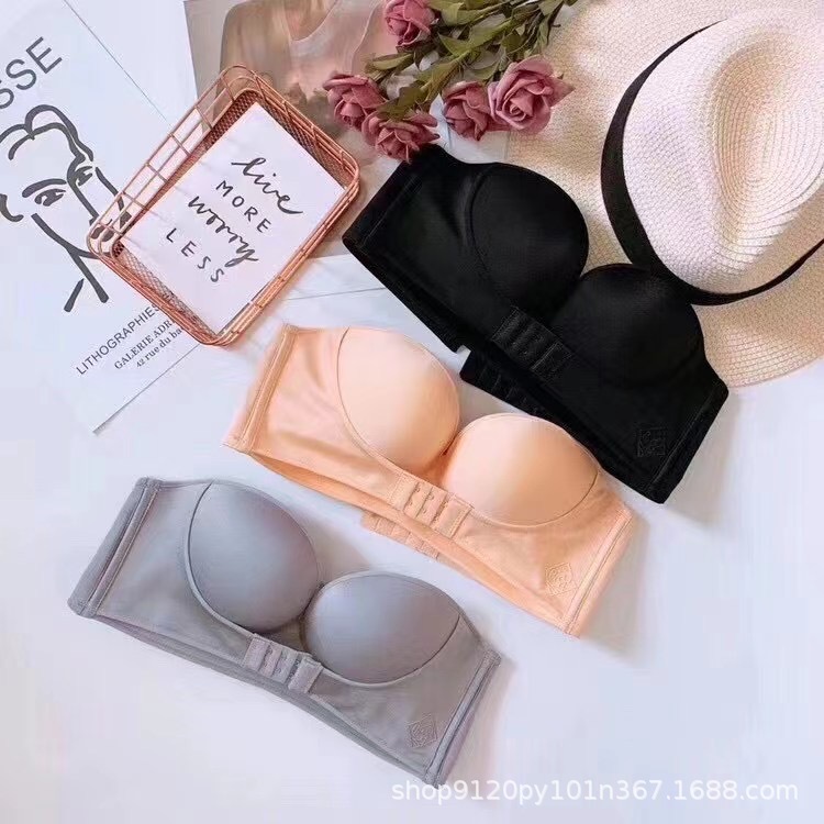 Strapless Non-slip Underwear Women's Sexy Bra Front Buckle Small Chest Thickened Adjustable Top-up Push-up Bra