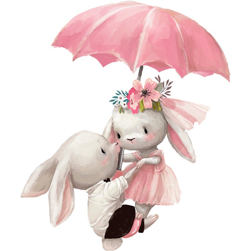 Fan Xi New Cartoon Umbrella Couple Rabbit Bedroom Living Room Entrance Wall Beautification Decorative Wall Stickers FX-B87