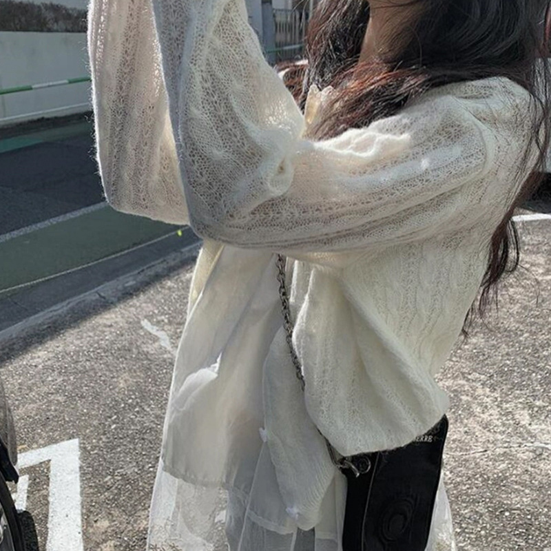 South Korea Dongdaemun new comfortable all-match hemp pattern thin transparent long-sleeved sweater cardigan sun protection top women's clothing