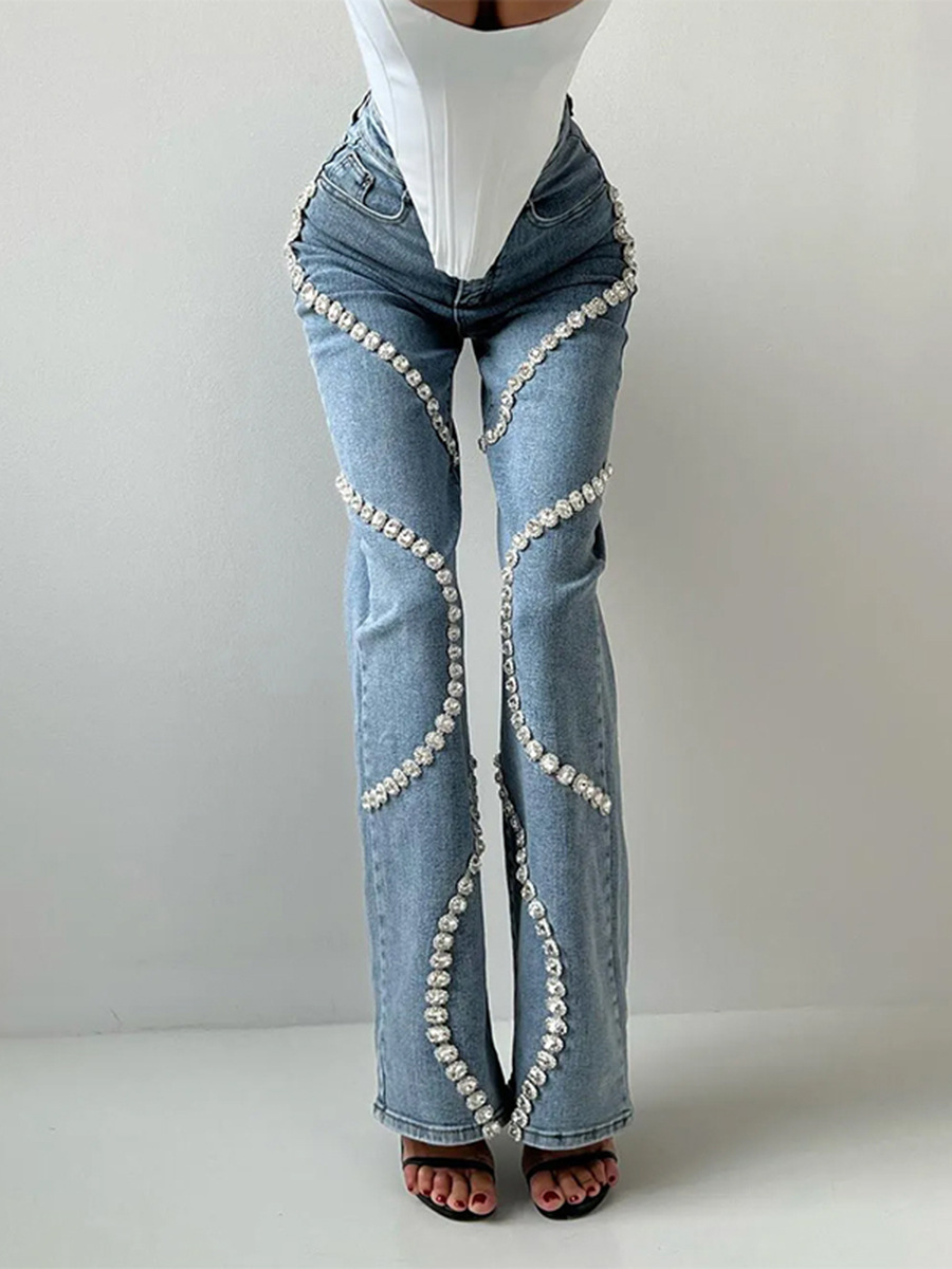 Fashionable Personalized Jeans for Women 2025 Summer New Trendyy Ring Rhinestone Splicing Design Straight Pants