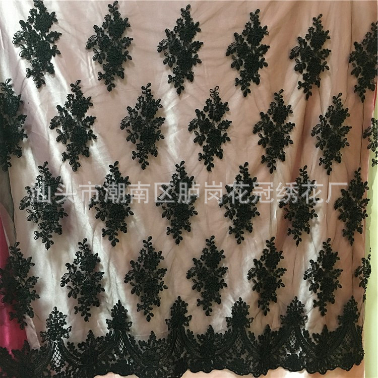 Picture of Shantou manufacturers new black mesh bottom polyester yarn rope water soluble lace clothing embroidered fabric spot