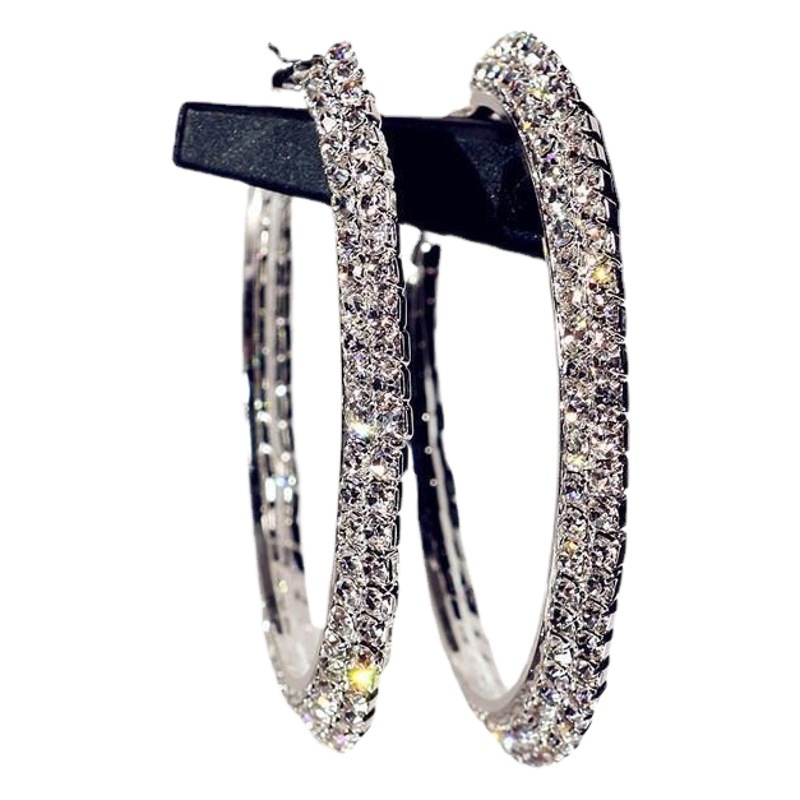 Foreign Trade Hot-Selling European and American Exaggerated Diamond-Encrusted Double-Row Large Hoop Street Dance Hiphop Earrings Earrings Bridal Earrings Wholesale