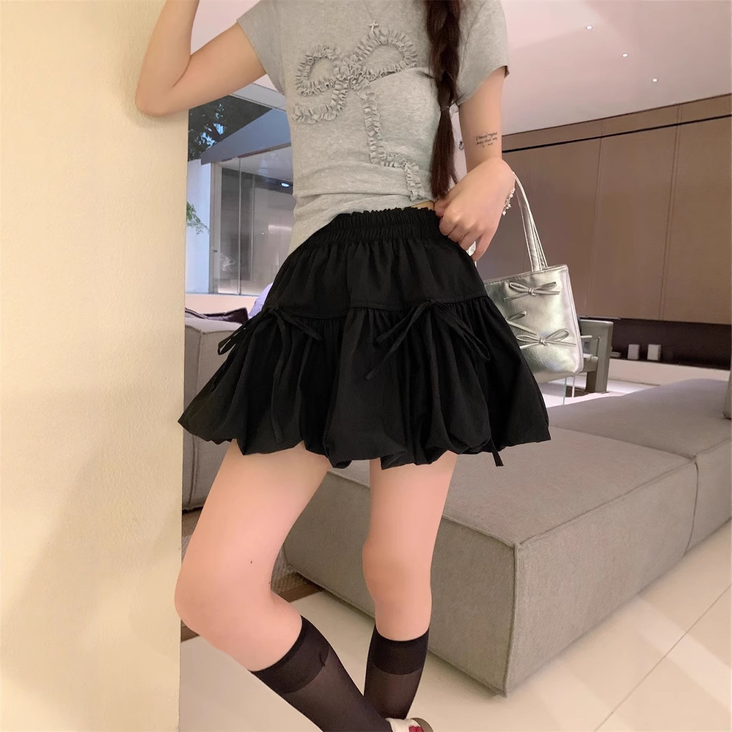 Puffy Short Skirt for Women High Waist Slimming Look Bow New Cake a Line 2025 Elastic Waist Skirt Summer White