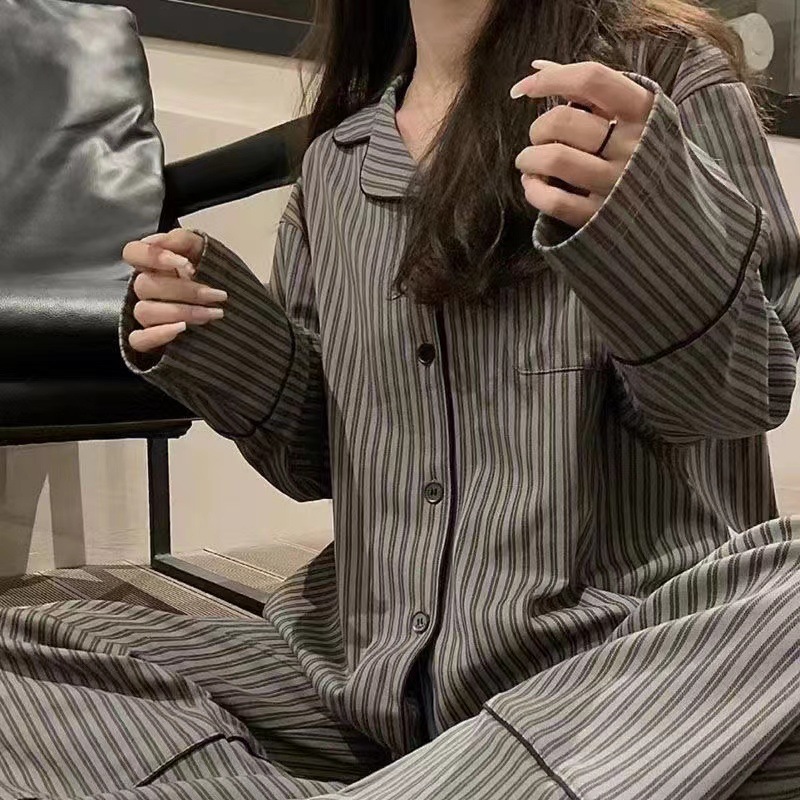 180g striped imitation cotton ins spring and autumn pajamas long sleeve trousers imitation cotton loose large size home clothes two-piece suit
