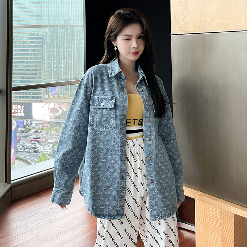 Real Shot Spring and Autumn New Loose Full Printed Jacquard Denim Jacket Women's Casual All-match Top