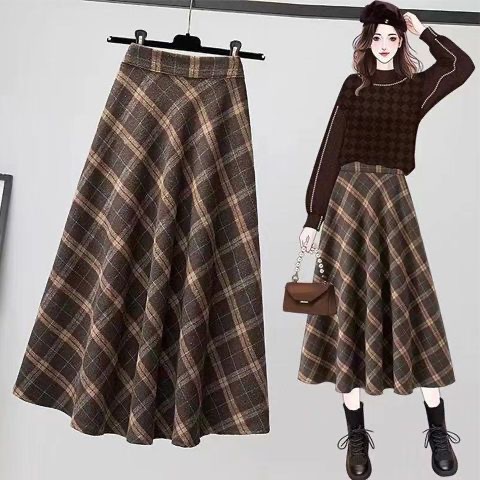Spring and Autumn plaid skirt women's retro New plus size mid-length A- line skirt large swing skirt high waist slimming long skirt fashion