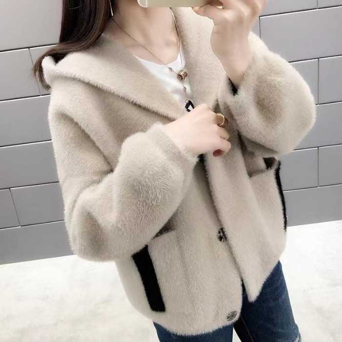 Picture of 2025 New Hooded Mink Velvet Women's Short Outwear Cardigan Autumn and Winter Korean Style Loose and Versatile Sweater Jacket