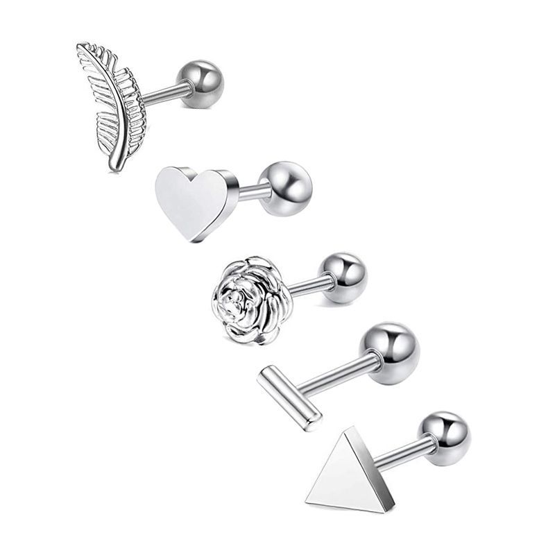 Picture of 5-Piece Set of Amazon Geometric Stainless Steel Zircon Earrings Cross-Border European and American Piercing Jewelry Silver Twisted Tooth Earrings