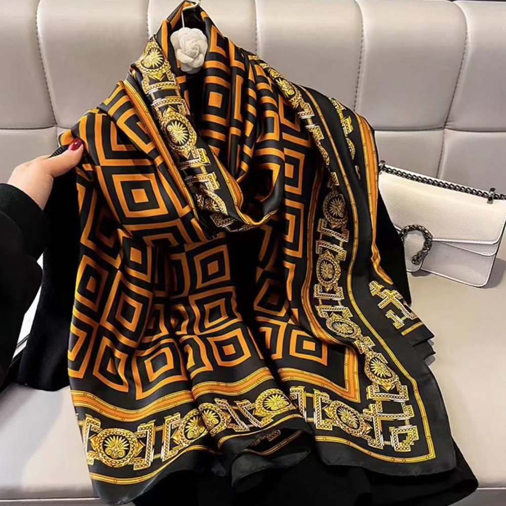 Lijin Satin Large Long Scarf Women's Sun Protection Silk Scarf Shawl Big Brand Print Versatile Cheongsam Beach Scarf Fragrant Cloud Gauze Scarf
