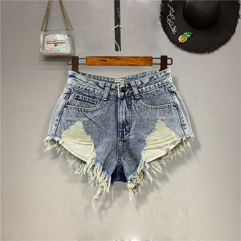 European and American Women's Slim-fit Hole Pocket Tassel Fringe Retro Color Denim Shorts Sexy Low-waisted Hot Trendy Pants