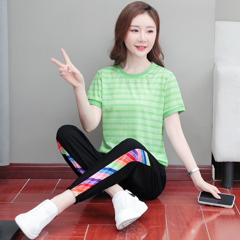 Picture of Ice Line Quick-drying Stretch Vertical Fashion Casual Sports Suit Women's Summer Thin Mesh Breathable Striped T-shirt Trendy
