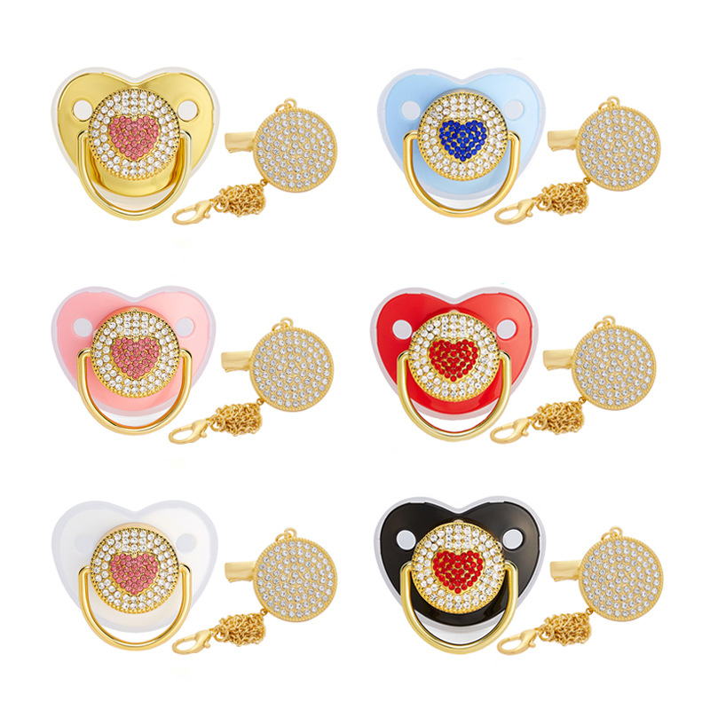 New cross-border heart diamond baby pacifier baby love drill soothing play mouth with chain clip