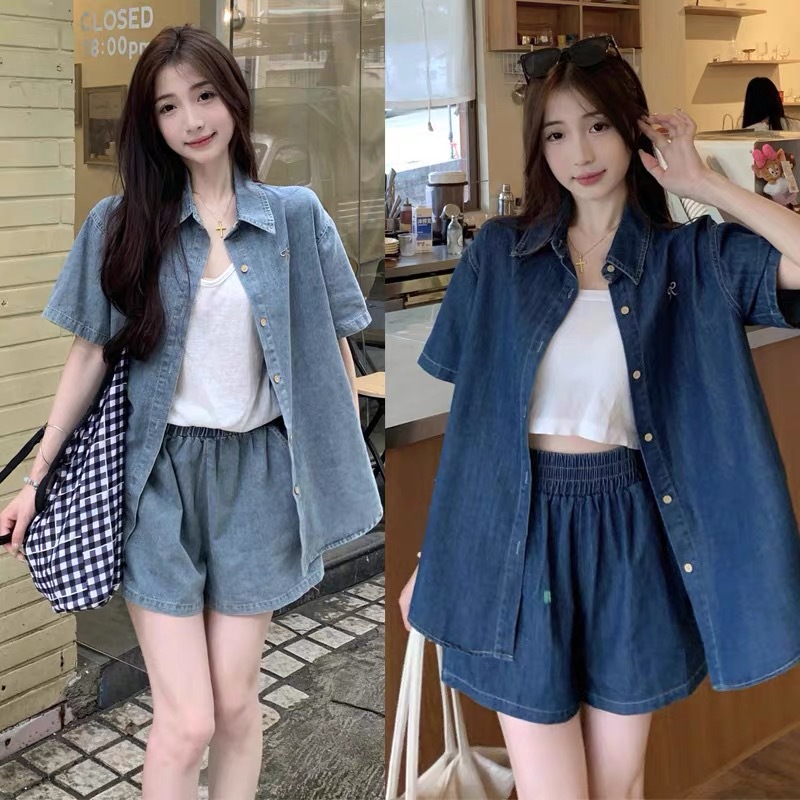plus size embroidery imitation denim suit summer cardigan top chubby girl wide leg short pants slightly fat wear a set