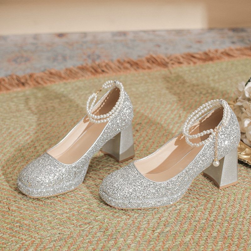 Picture of Xinyue 568-X10 Waterproof Platform High Heels Thick Heel Square Toe Flats 9cm Small Height Increasing Sequin Pearl Chain