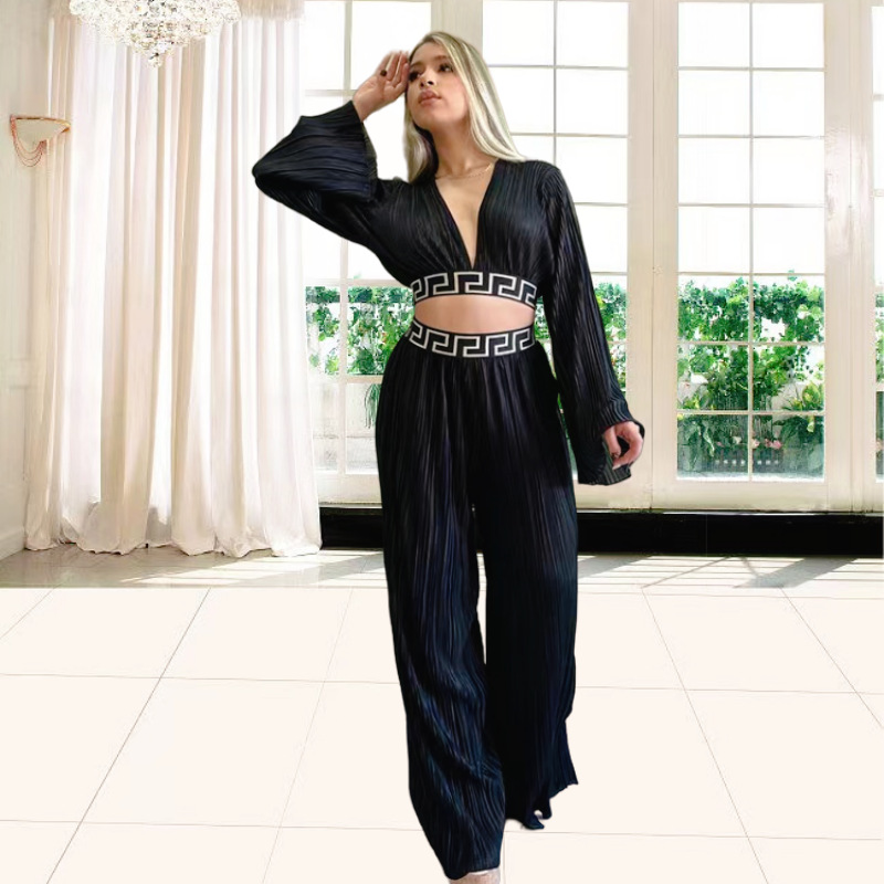 2024 AliExpress European and American new women's Amazon pleated V-neck bell sleeve shirt wide leg pants casual suit