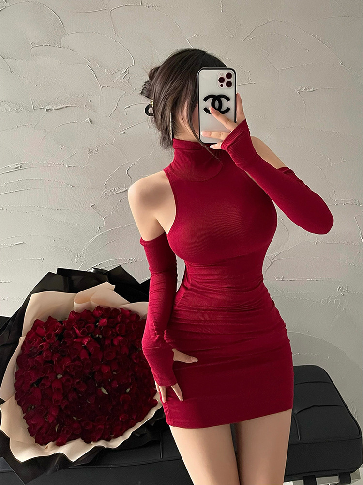 Sexy High Collar Vest dress Women's Spring Dress Small New Waist Elegant Purple Pleated Bag Hip Short Skirt