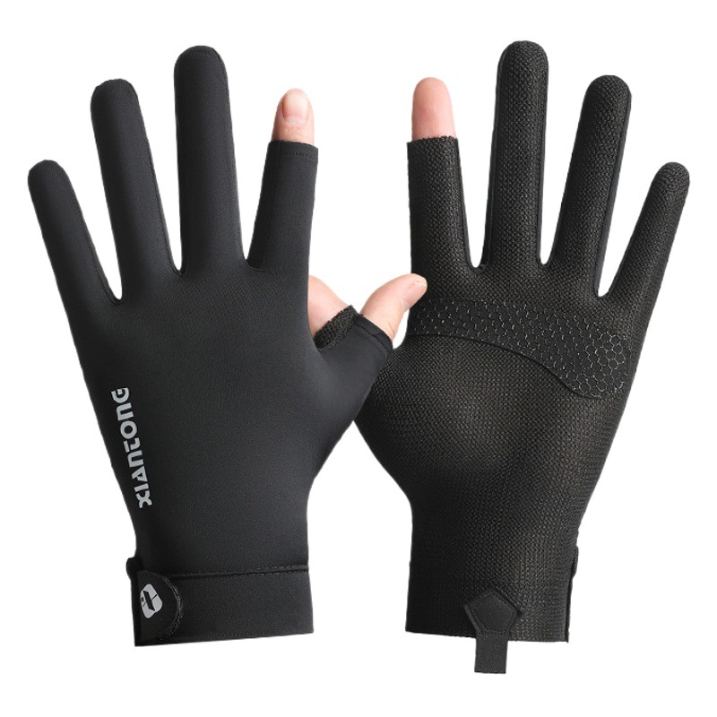 Summer new men's riding sunscreen gloves non-slip touch screen breathable flip ice silk leakage two-finger driving gloves thin