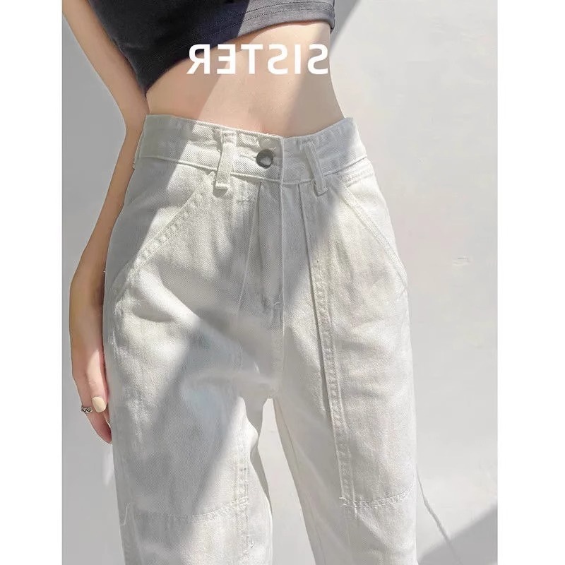 2024 European and American High Waist Slimming Straight White Jeans Women's New Design Sweet and Spicy Tooling Pants High Street Trendy