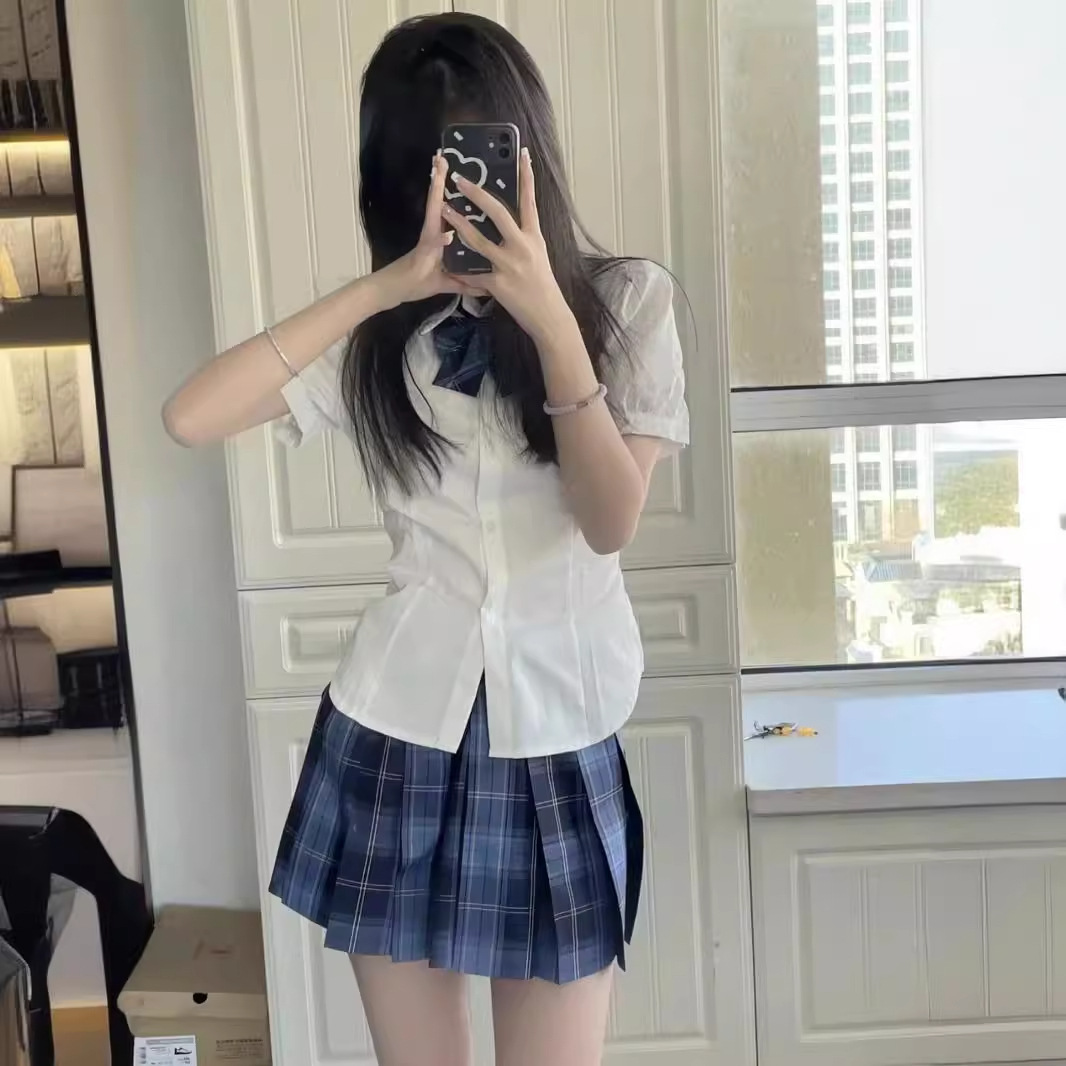 Two-piece/one-piece jk uniform set sweet and spicy shirt top women's short sleeve puff sleeve pure desire shirt pleated skirt