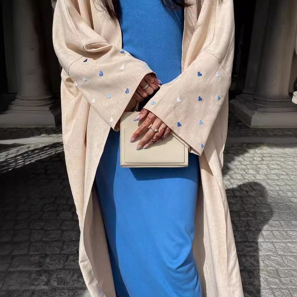 Picture of Cross-border Embroidered Ethnic Cardigan open abaya Middle East Dubai Long Sleeve Love Embroidered Linen Ethnic Costume