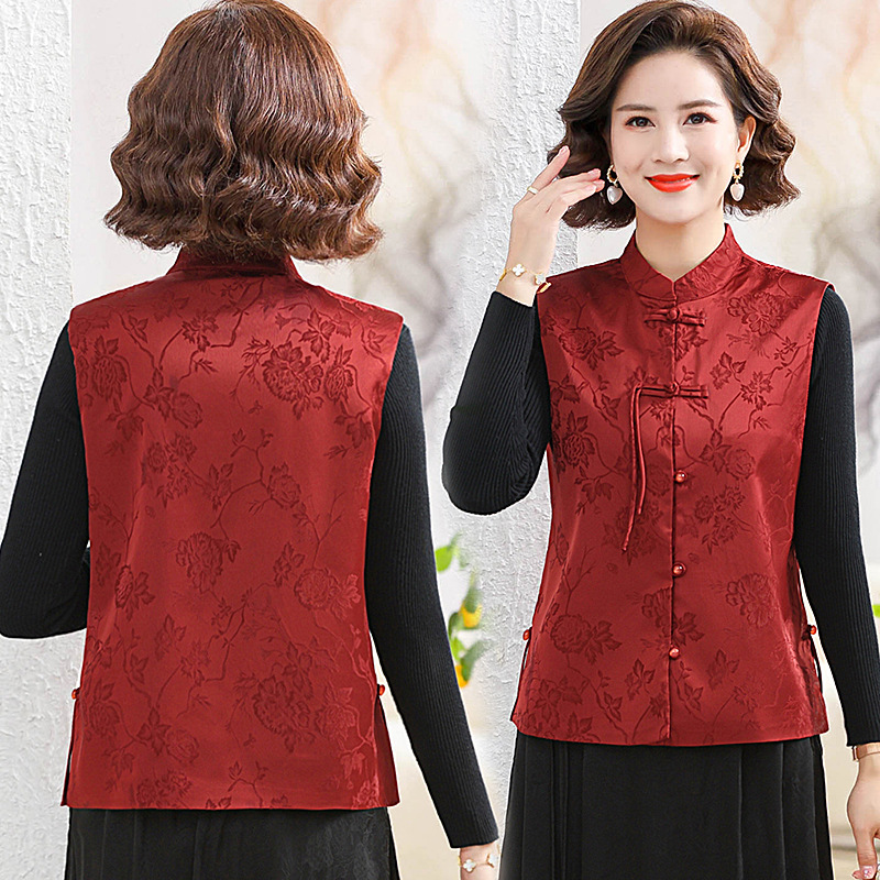 Chinese style satin jacquard vest Vest Women's Spring and Autumn New Stand Collar buckle retro vest short top