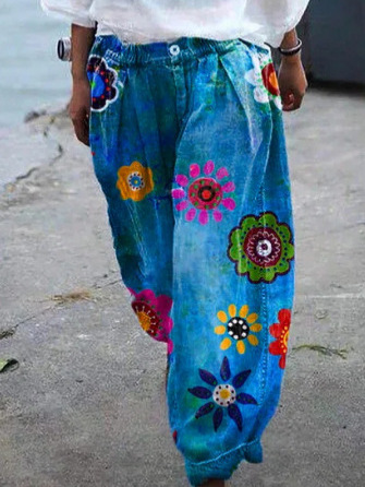 temu explosion imitation denim digital printing loose pastoral style plus size trousers