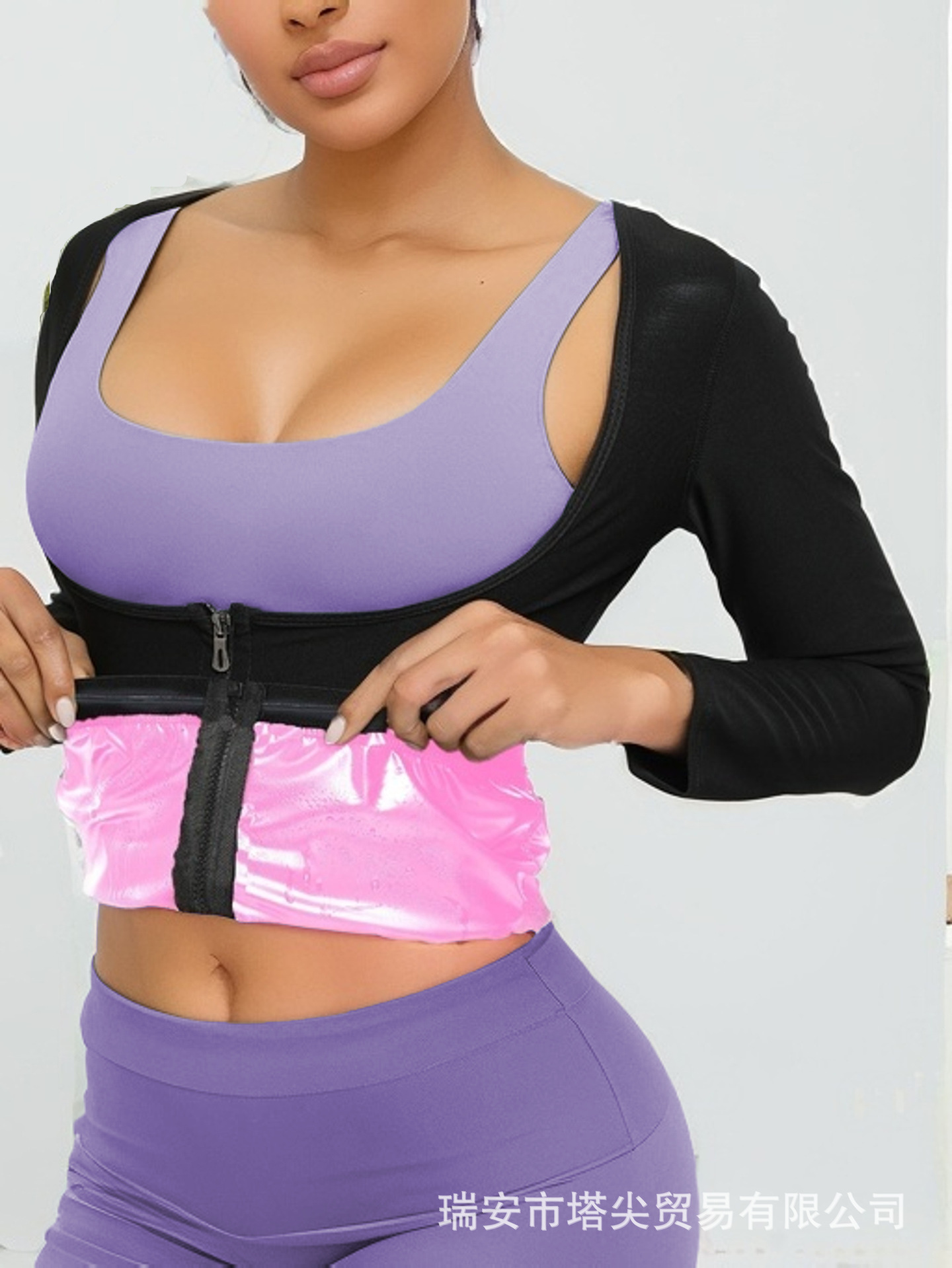 Picture of Body shaping clothes top long short sleeve thin arm zipper belly contracting stomach contracting back girdling running yoga fitness sweat