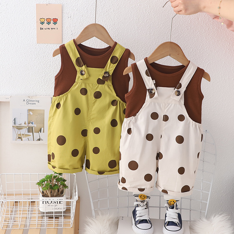 Picture of Summer new girls' fashion dot printed short-sleeved cotton suspender pants two-piece suit source factory wholesale