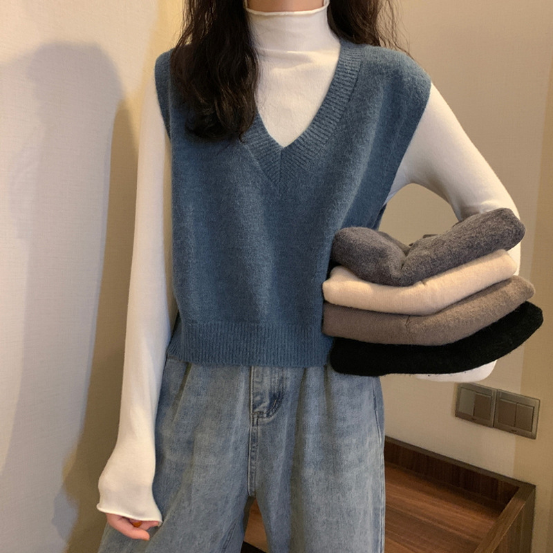 Loose V-neck short sweater vest vest coat autumn and winter New Internet celebrity Blue temperament knitted vest for women fashion