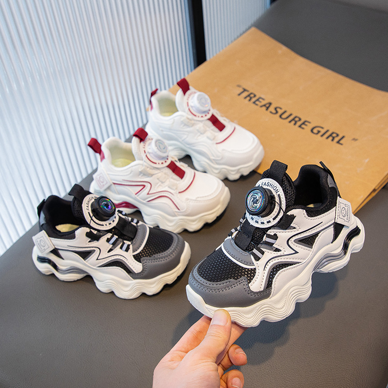2025 Spring and Autumn New Boys' Rotating Button Sports Shoes Girls' Breathable Dad's Shoes Children's Lightweight Running Shoes