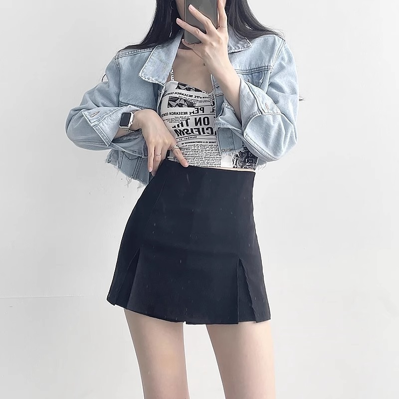 plus size Black High Waist Split Skirt Female Spice Girl 2024 New Korean Style Design Sense Wrap Hip A Style Short Skirt Trendy